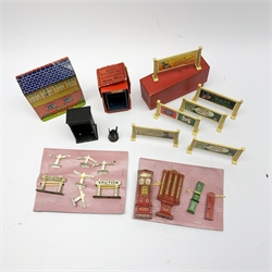 Hornby '0' gauge - Railway Accessories Set No.7 Watchman's Hut with brazier, shovel and poker; and set of Half Dozen Station Hoardings, both boxed; three ticket and one cigarette machines; seven various signs; tin-plate backless signal box; and tin-plate watchman's hut