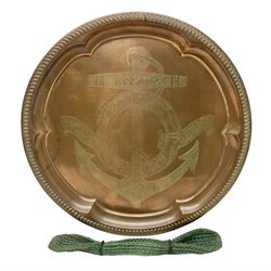 HMS Foudroyant copper tray, with label to reverse, together with a Georgian coin purse, plate D30cm