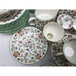Minton Haddon Hall pattern tea wares, comprising teapot, eight teapcups, ten saucers, ten bowls, ten side plates, eight larger plates, jug, small bowl, etc