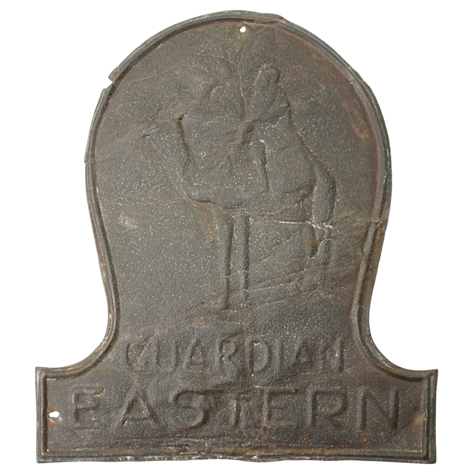  Lead fire mark marked 'Protection' and cast with a phoenix H26cm and a tin fire mark marked 'Guardian Eastern' (2)