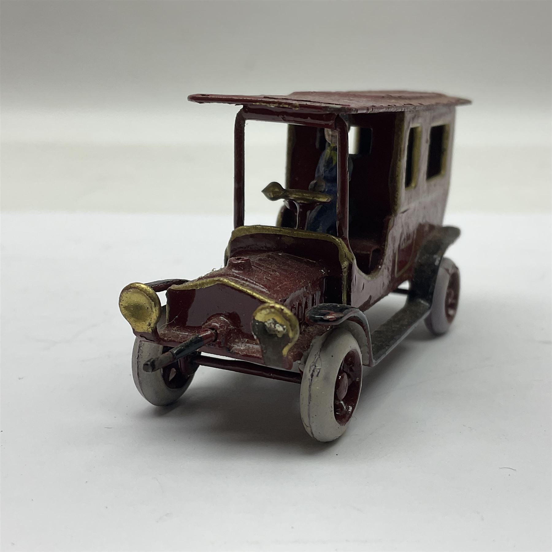 Ernst Plank van, circa 1912, maroon body with gilt detail, hinged roof and driver, H4cm, L7cm