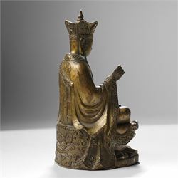 Chinese cast bronze figure of Ksitigarbha, wearing a five-pointed crown and monastic robes, H19.5cm