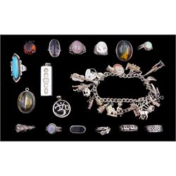 Silver and silver stone set jewellery including thirteen rings, three pendants including ingot and tiger's eye and a charm bracelet with heart locket clasp and twenty one charms