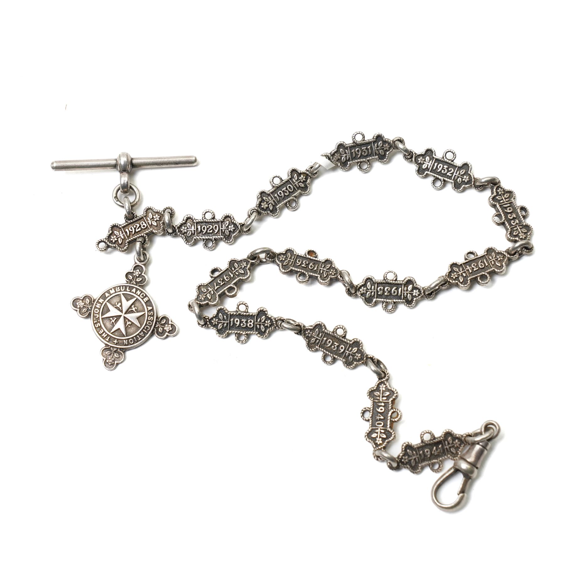 Order of St John of Jerusalem awarded to 19459 Pte R W Wilson, Otley Division with two additional award bars and with ribbon bar together with St John silver watch chain , the fob inscribed Reginald W Wilson, Birmingham 1937 