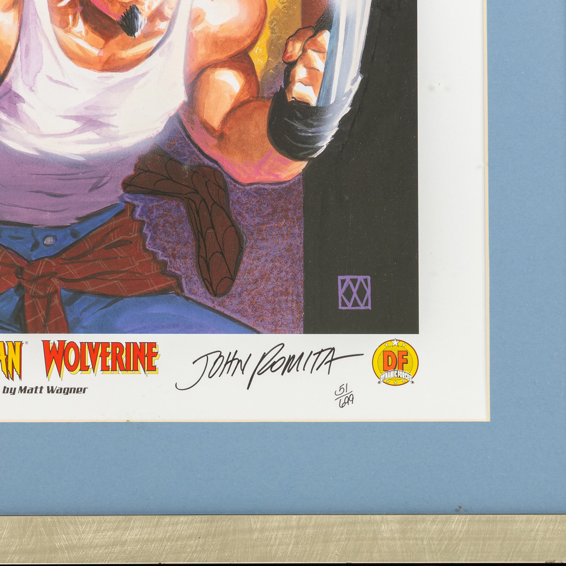 Limited edition signed lithograph 'Spider-Man/Wolverine' signed by John Romita, artwork by Matt Wagner, limited edition no. 51 of 699, framed with Dynamic Forces certificate of authenticity, artwork H52cm, W34cm