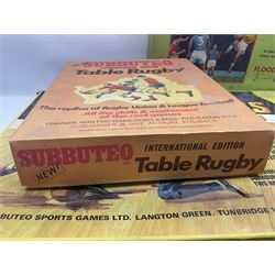 Subbuteo - three boxed sets comprising Football Express with two five-a-side teams and floodlighting; Continental with four teams and accessories; and International Edition Table Rugby with two teams; together with a Real Madrid 1974-75 League Champions pennant (4)