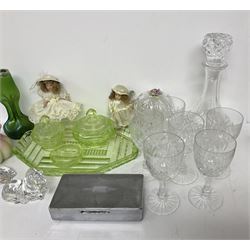 Uranium glass dressing table, bleikristall horse figures, dimple vase with silver collar, etc 
