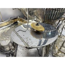 Silver plated epergne vase with seven vases, together with silver plated spirit  kettle and other silver plate, epergne H28cm