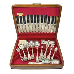 Canteen of King's pattern cutlery for six place settings by James Ryals of Sheffield, with two extra forks, pair of salad servers and six fish knives, all within fitted wooden case, together with six ivorine handled butter knives and six silver plated cake forks