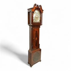 William Vise of Wisbech (Cambridgeshire)-8-day mahogany Longcase clock c1750, with a swan neck pediment and inlaid parterre, break arch hood door beneath flanked by detached reeded pilasters with brass capitals, trunk with conforming pilasters to the corners and an inlaid door with banding to the edge and oval satinwood inlay and matching conche inlay to the centre, conforming pediment with matching circular inlay and raised on bracket feet, brass break arch dial with interesting scroll and floral spandrels to the arch and four season spandrels to the corners, fully engraved dial centre with steel hands, engraved seconds dial and square date aperture, silvered boss to the arch with makers name and conforming chapter with Roman numerals, five minute Arabic's and minute track, dial pinned directly to a two train weight driven rack striking movement, sounding the hours on a bell. With weights and pendulum. 
Both a William and John Vise are recorded as working in Wisbech between 1740 and1758.