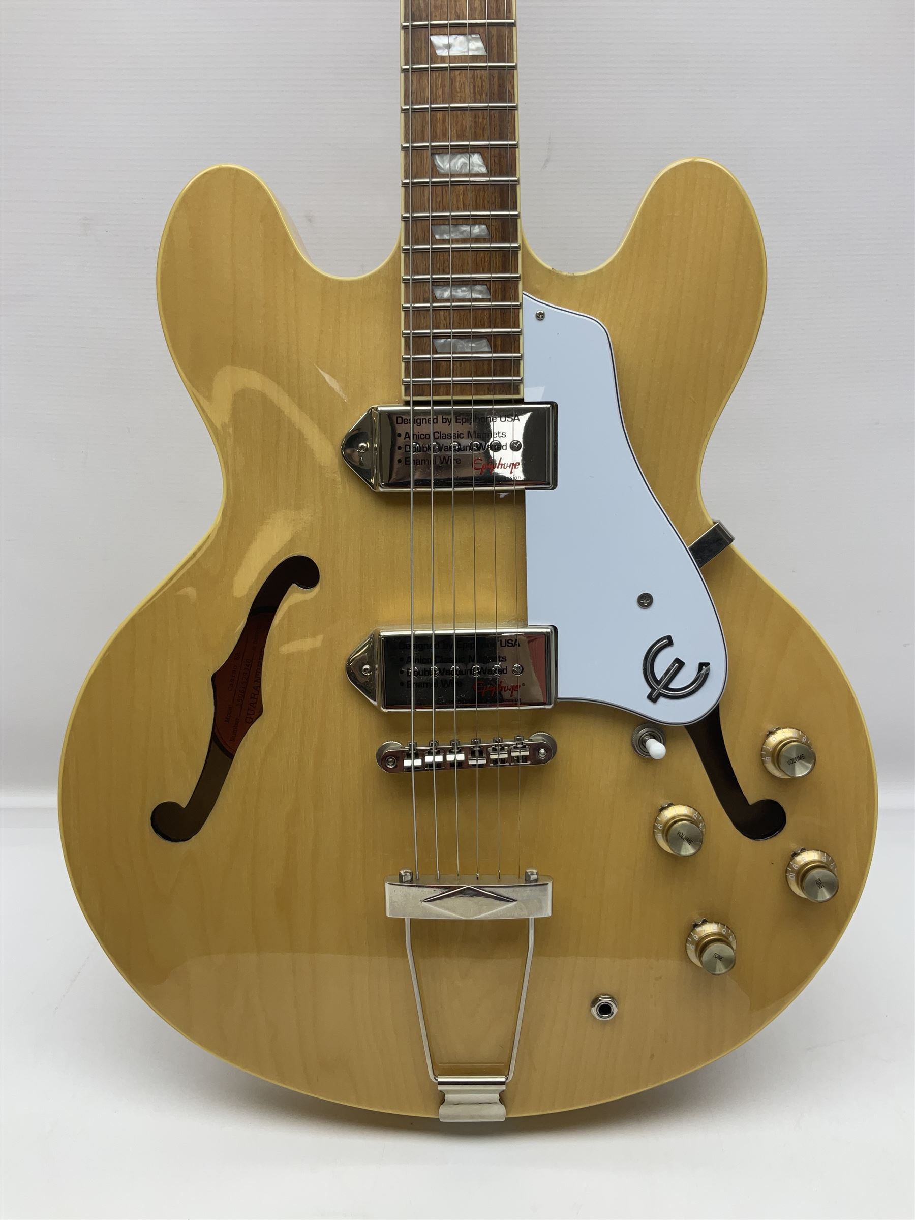 Epiphone Casino NA semi-acoustic guitar with natural maple finish and P90 pick-ups, serial no.19061529340, L105cm overall; in original hard carrying case