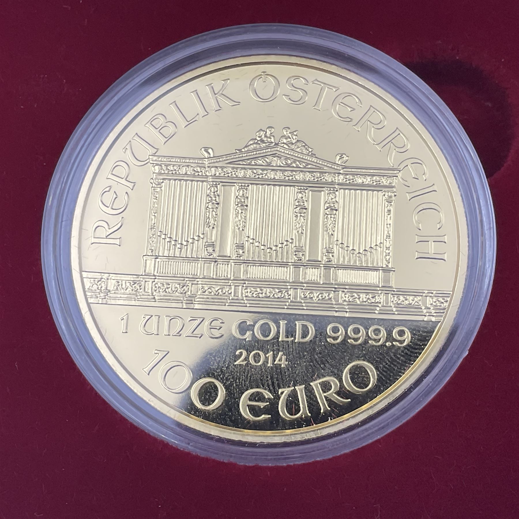 Austria 2014 gold proof two coin set, comprising one ounce fine gold one-hundred Euro and quarter ounce fine gold twenty-five Euro coins, cased with certificate