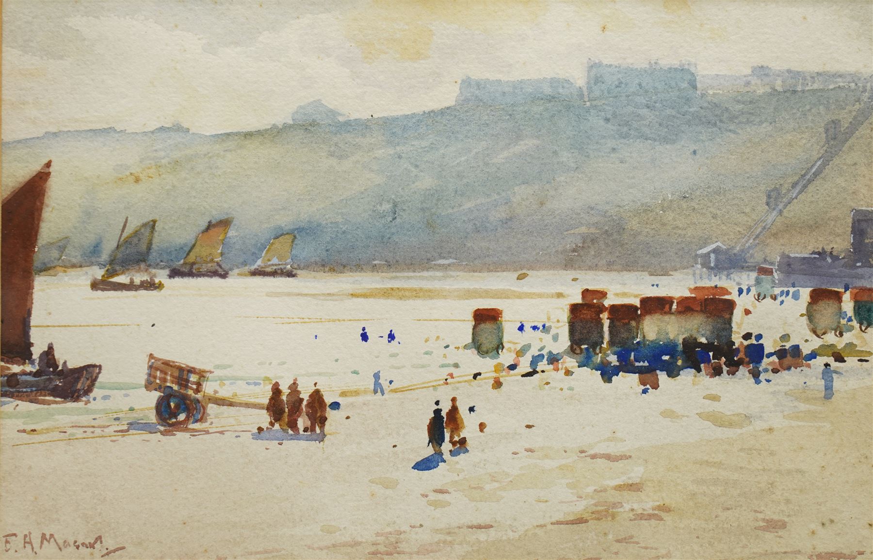 Frank Henry Mason (Staithes Group 1875-1965): Bringing in the Day's Catch - Scarborough South Bay, watercolour signed 15cm x 23cm 