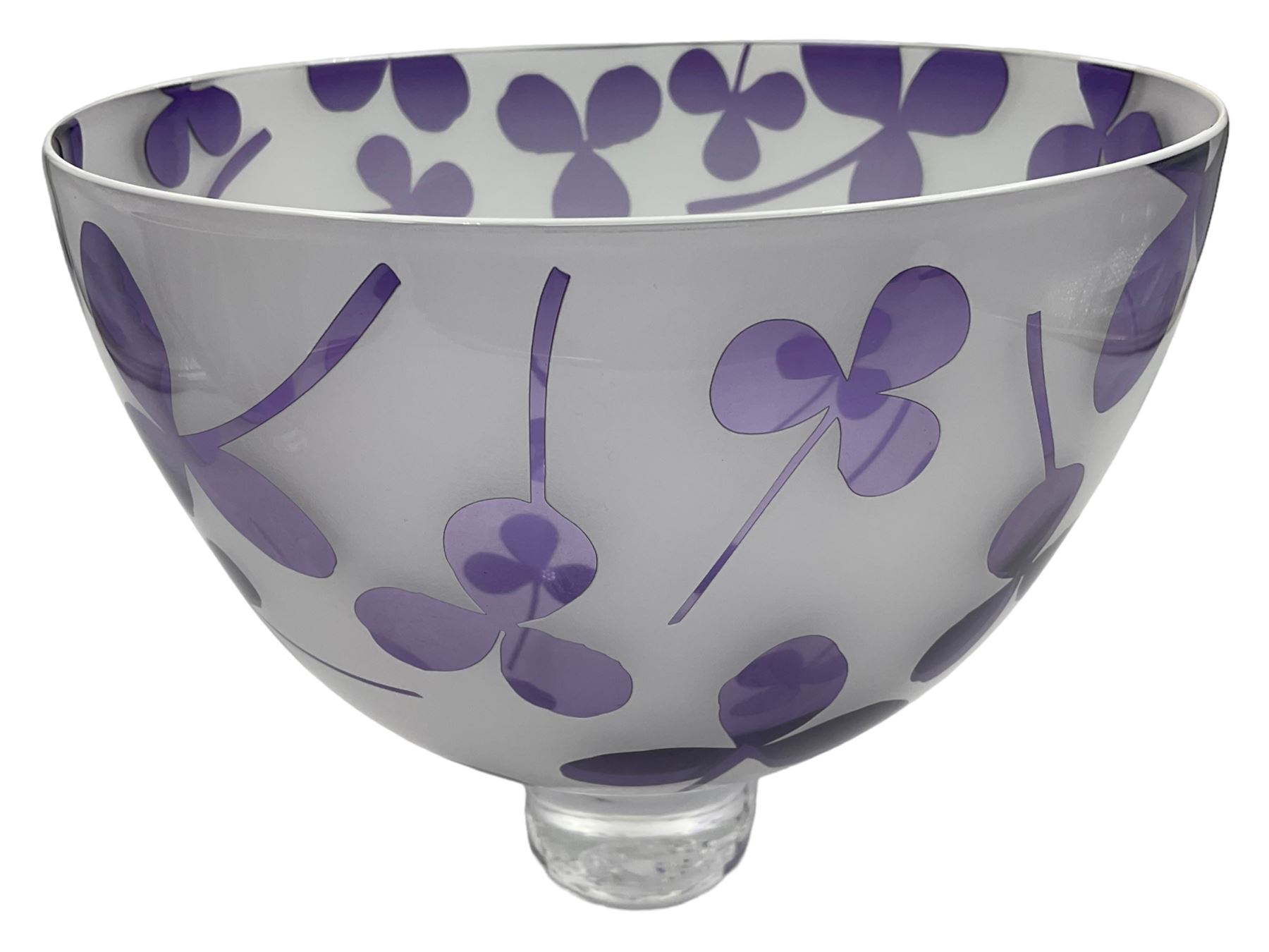 Gillies Jones of Rosedale glass bowl decorated with purple clovers,  upon a short clear tapering foot, signed to base, H16cm D18.5cm