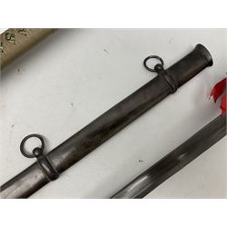 Reproduction Scottish officers basket hilt broad sword, the brass basket pierced with heart-shaped motifs lined with red lining, together with a reproduction Japanese Katana sword, longest L110cm