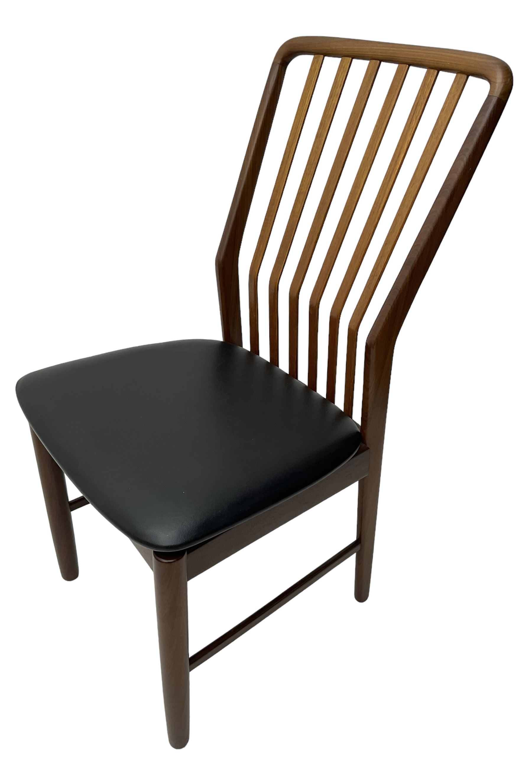 Svend Aage Madsen for Moreddi - set of four teak dining chairs, angular vertical slat back over upholstered seat, on turned front supports 