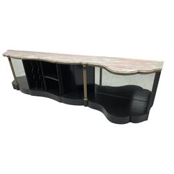 Italian ebonised and gilt serpentine corner console bookcase cabinet, shaped pink marble top over assorted shelves and dividers with fluted pilasters and mirror backs, on skirted base 
