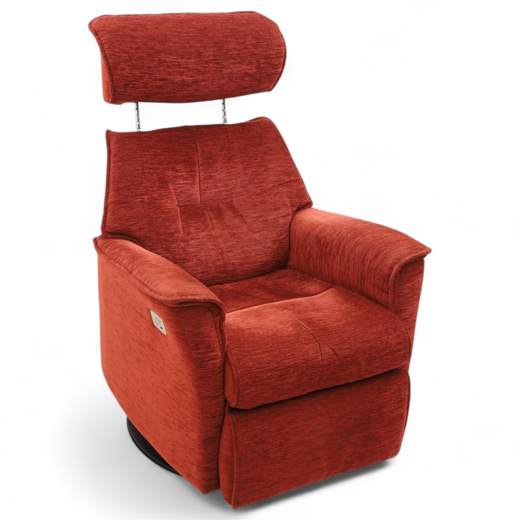 Contemporary electric reclining swivel rocker armchair, upholstered in textured red chenille fabric, high back with integrated headrest and panelled cushioning, on a circular base, requires power unit