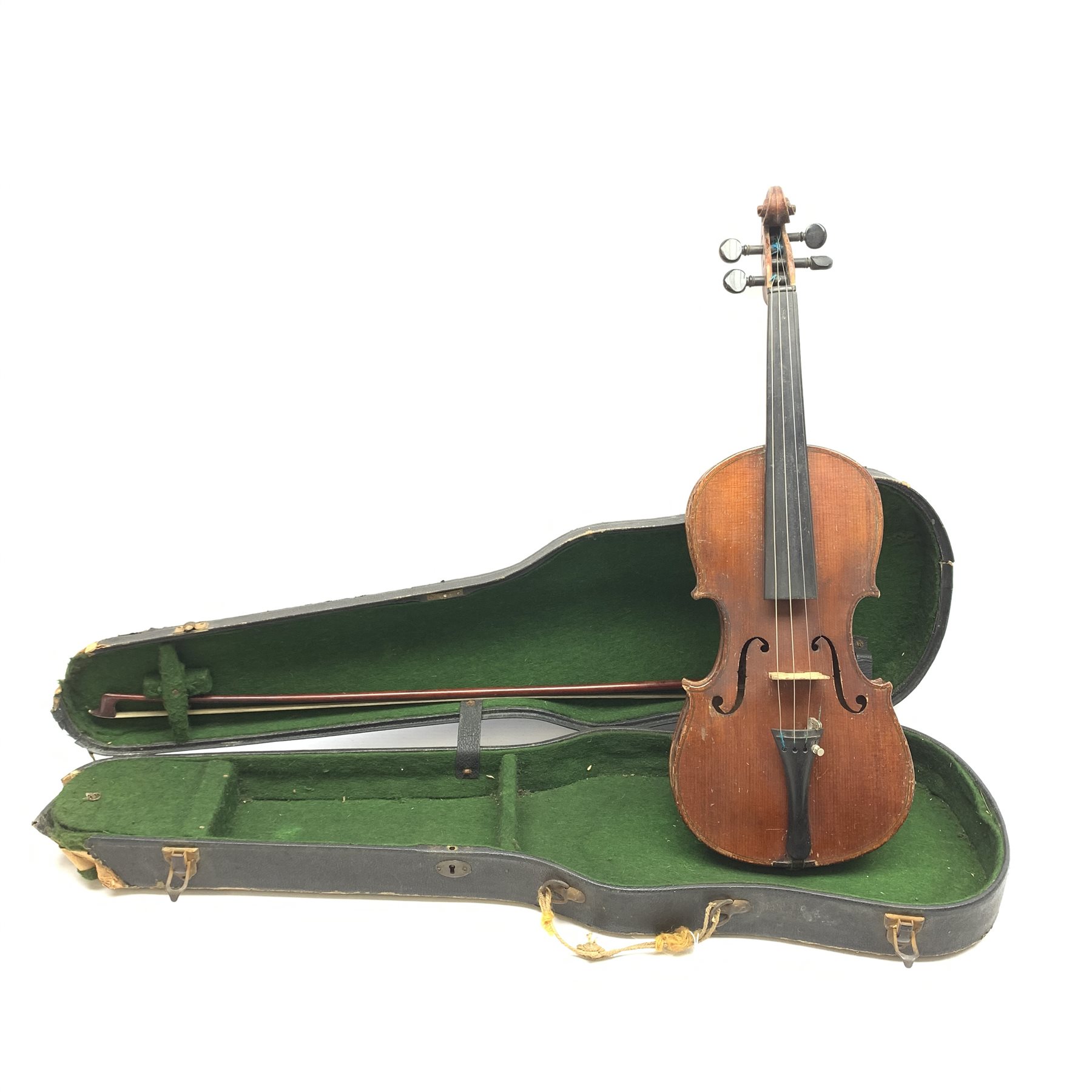 An early 20th century violin, The Maidstone, Murdoch & Co, London, with one piece maple back and spruce top, 60cm long, with bow, and ebonised coffin shaped case. 