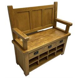 20th century oak hall bench, triple panelled back over solid seat, fitted with three drawers over eight pigeon holes to base