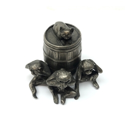  Early 20th century pewter inkwell cast in the form of a barrel with three Monkeys and cat H7cm   