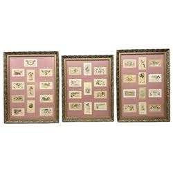 Thirty-five WW1 embroidered silk postcards including regimental crests, flags of the Allies, envelope type with greeting card inserts, Christmas and birthday cards etc; mounted and glazed in three graduated modern matching gilt frames (3)