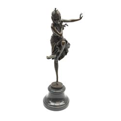 Art Deco style bronze after Dimetri H Chiparus, modelled as a dancing flapper girl, signed and with foundry mark, upon black marble socle base, overall H39.5cm.
