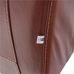 Fabrizio Mantellassi - 20th century Italian red leather suite, one three seat and two large armchairs, upholstered in deep red hide with stitched seam detailing, with magazine pockets to each side, the rectangular back cushions above broad padded arms and seat cushions, raised on low block bases

Sofa: H c98m, W 203cm, D 92cm
Armchair: H 98cm, W 113cm, D 92cm