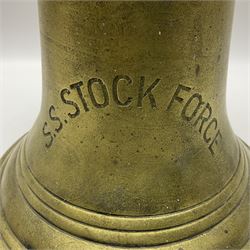 Ship's bell inscribed 'SS Stock Force', the Stock Force later became one of the WW1 'Q' ships and the engines were supplied by Earles Shipbuilders of Hull, H35cm, Notes: The SS Stock Force was built as a small coastal steamship and became HMS Stock FOrce when it was hired by the Royal Navy as a decoy ship (Special Service, Q-ship) in January 1918. She was used in the operation to attack the German submarine UB-80. The Stock Force Captain Commander Harold Auten VC, DSC, RD (22 August 1891 – 3 October 1964) was awarded the Victoria Cross in 1918 following his actions as captain of HMS Stock Force