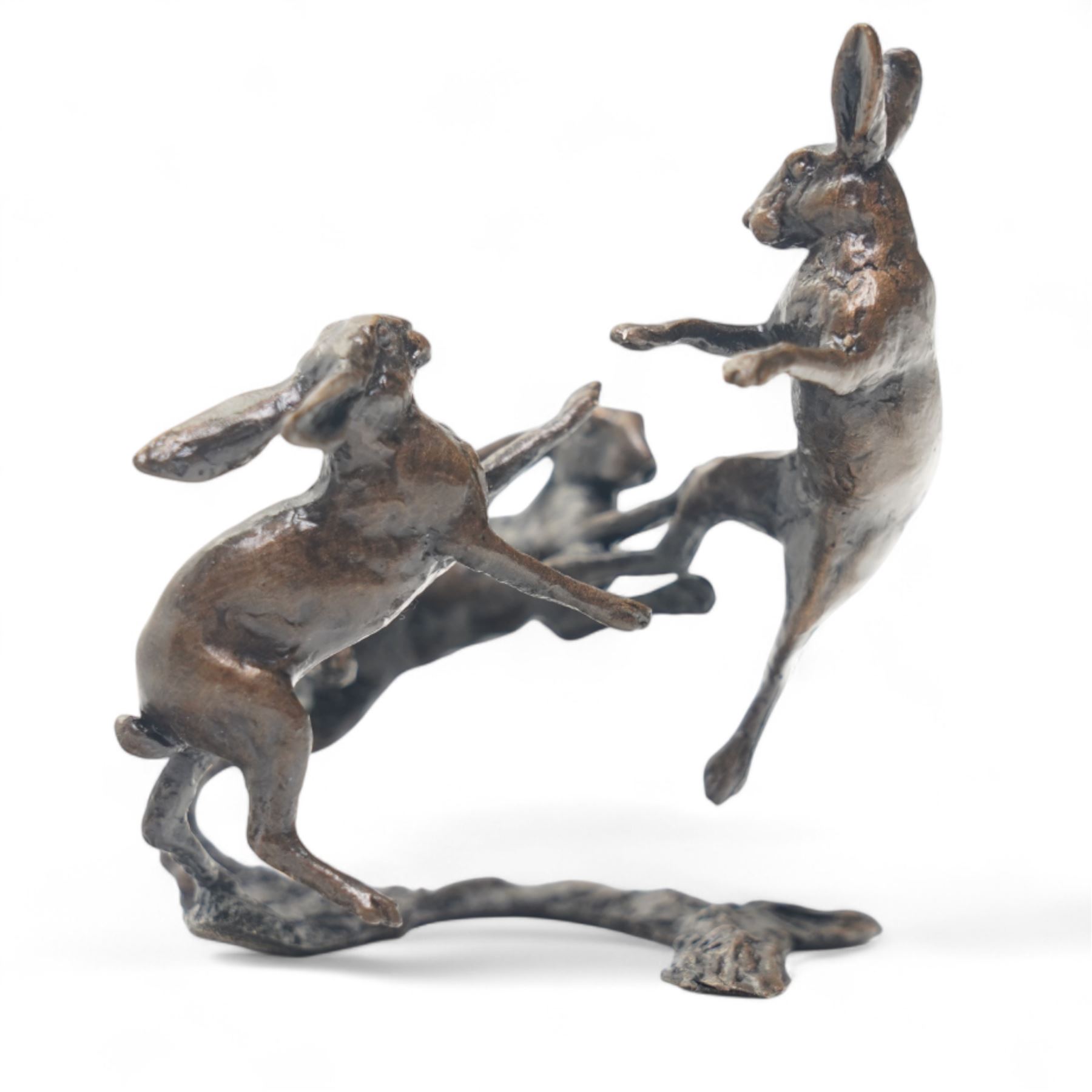 Michael Simpson (British Contemporary): Leaping Hare and Three Hares Dancing, two bronzes, one limited edition signed and numbered 273/350 to base, the other apparently unsigned, larger H7cm (2)