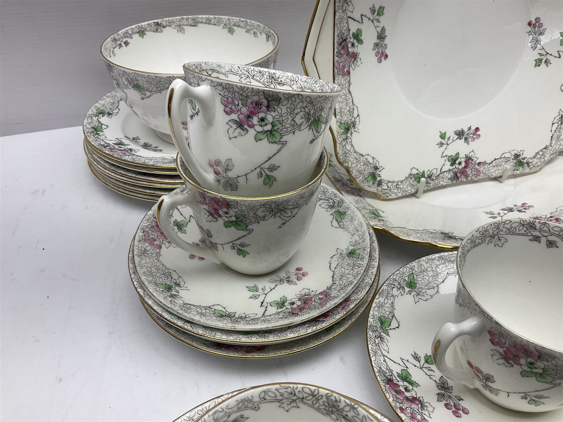 Shelley Bramble Rose pattern tea service, comprising milk jug, open sucrier, ten cups and twelve saucers, twelve dessert plates and two cake plates (38)