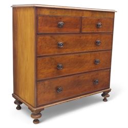 Victorian flamed mahogany chest, fitted with two short and three long drawers, turned wood...