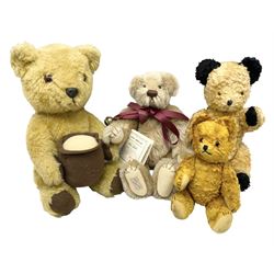 Dean's Rag Book limited edition teddy bear 'Bell Bear' No.221/1500 H32cm; Chad Valley Chiltern Hygenic teddy bear seated holding a honey pot; 1960s plush covered 'Sooty' teddy bear; and another smaller plush covered teddy bear (4)