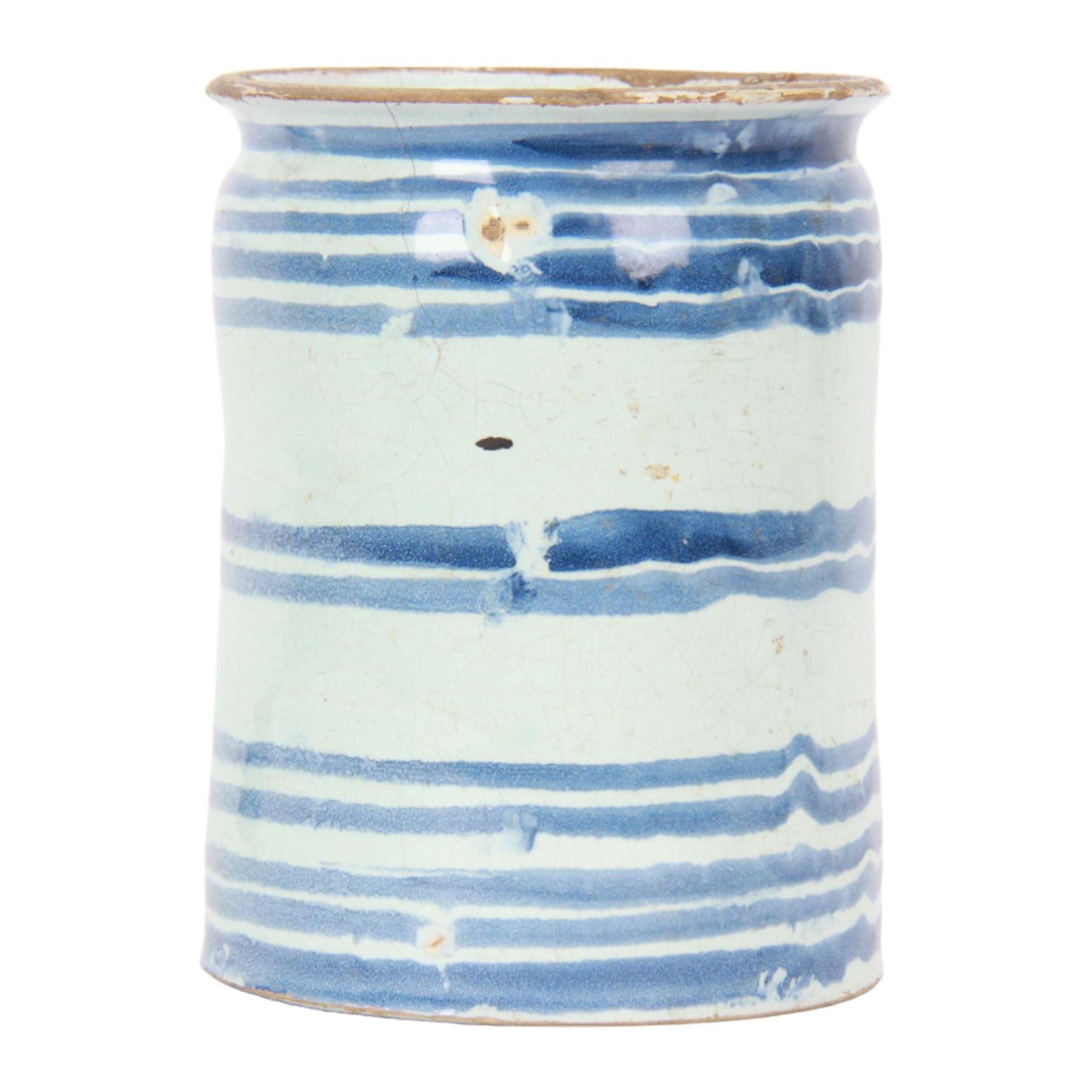 18th century English Delft blue and white drug jar, circa 1720-1760, probably London, of cylindrical form with short everted rim, painted with concentric blue bands, bearing Christie's lot label, H18cm D14cm

Provenance:
Lot 1601, British and Continental Ceramics and Glass, Christie's, 7th September 2006
From the collection of Lady Ottoline Morrell, Garsington Manor, Oxford