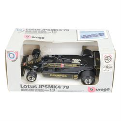 Collection of diecast Formula 1 and similar racing cars, comprising 1:14 scale Burago Lotus JPSMK4, eleven Corgi examples including 154 John Player Special Lotus, 155 Shadow and 159 Patrick Eagle Racing Car and five Yaxon Racing Team examples, all boxed