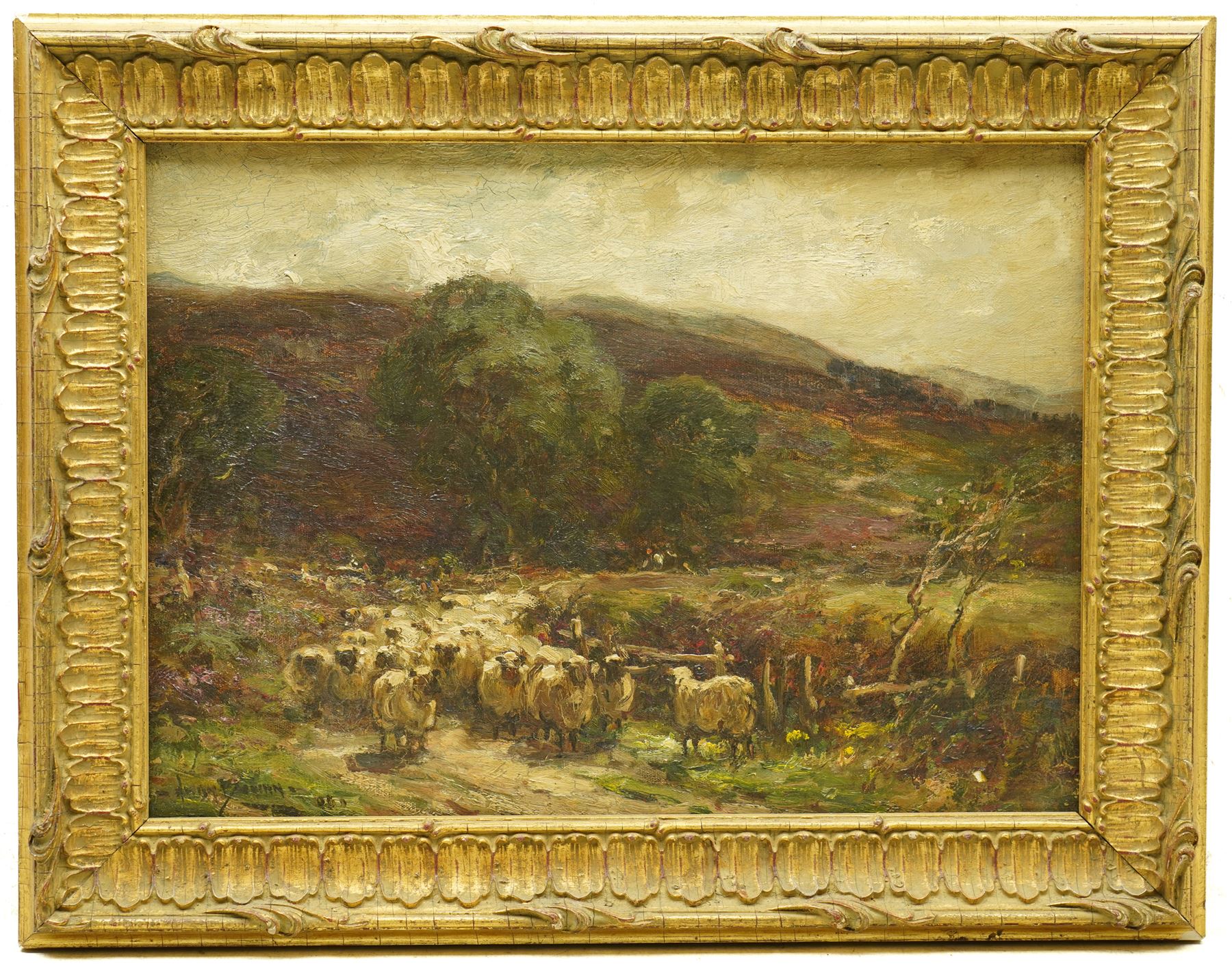 Owen Bowen (Staithes Group 1873-1967): Sheep Grazing in the Yorkshire Moors, oil on canvas signed and dated '06, 26cm x 37cm