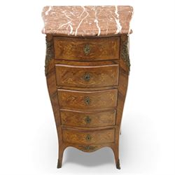 20th century Louis XV style kingwood chest, serpentine rectangular rouge marble top above five graduated drawers with ornate gilt metal handles and escutcheons, the sides inlaid with floral marquetry panels, raised on shaped cabriole supports