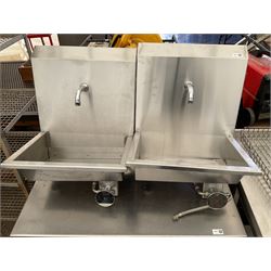 Pair of commercial stainless steel hot and cold hand wash stations, wall mounted, knee press taps - THIS LOT IS TO BE COLLECTED BY APPOINTMENT FROM DUGGLEBY STORAGE, GREAT HILL, EASTFIELD, SCARBOROUGH, YO11 3TX