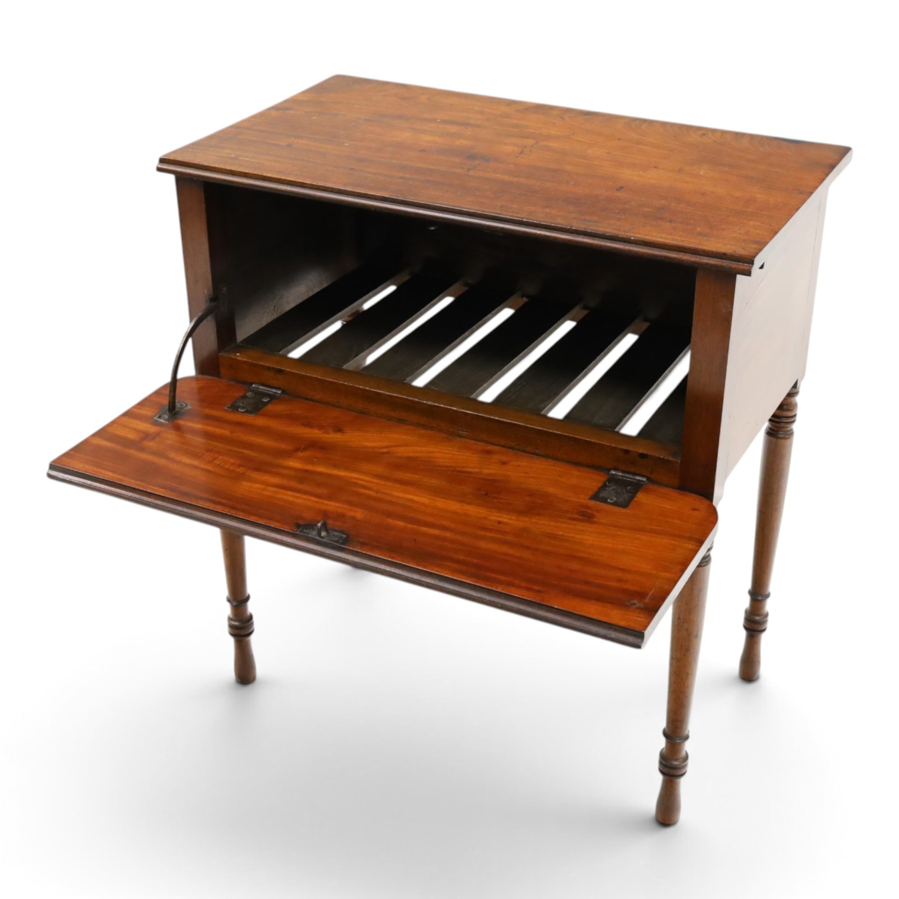 Early 19th century mahogany deception table with drop-front, rectangular top over drop-front with button action to the side, enclosing slatted-base compartment, raised on turned supports