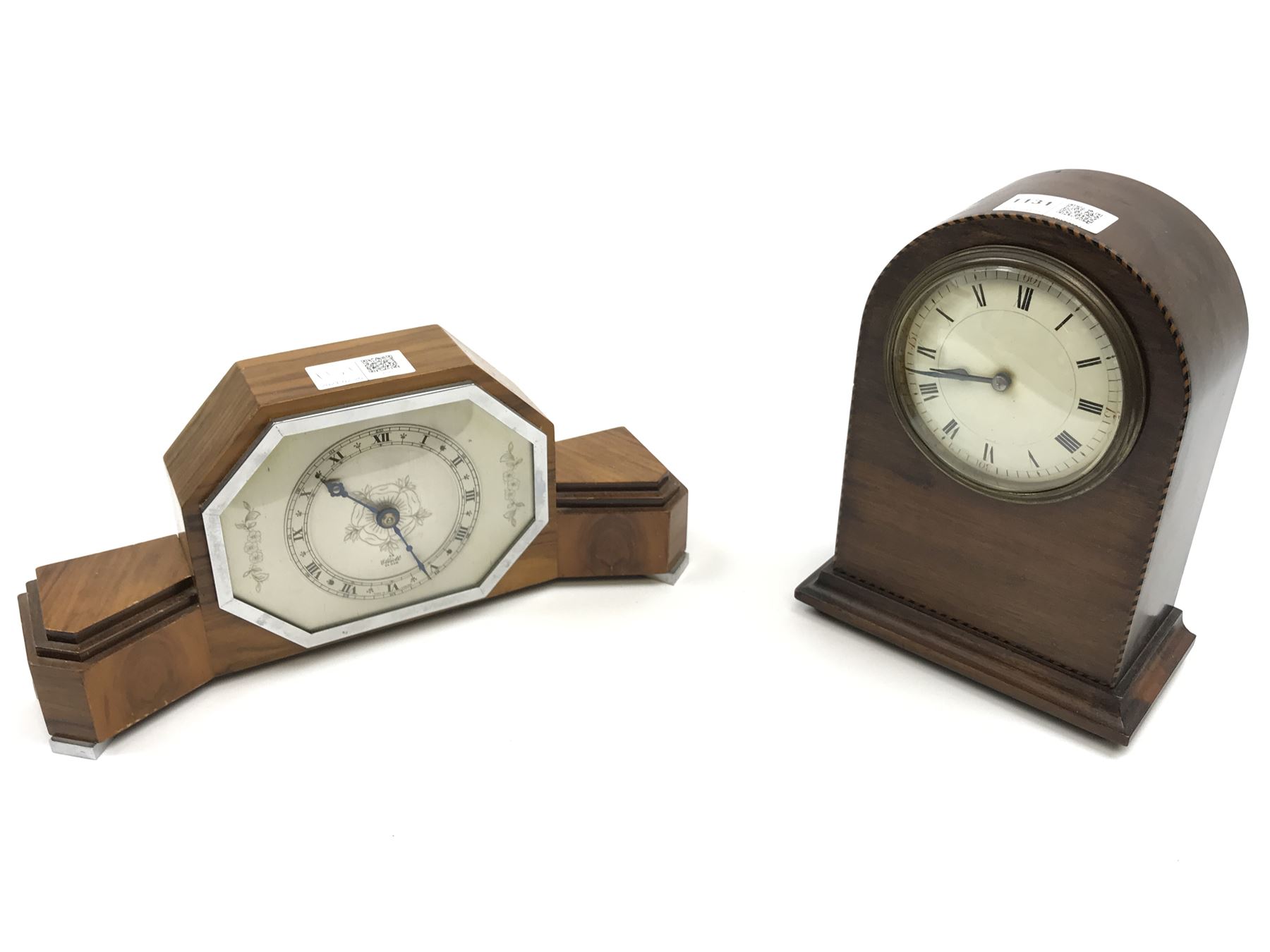 Mid to late 20th century walnut mantel clock by 'Elliot' (W29cm), and an Edwardian mahogany dome top mantel clock (H20cm)