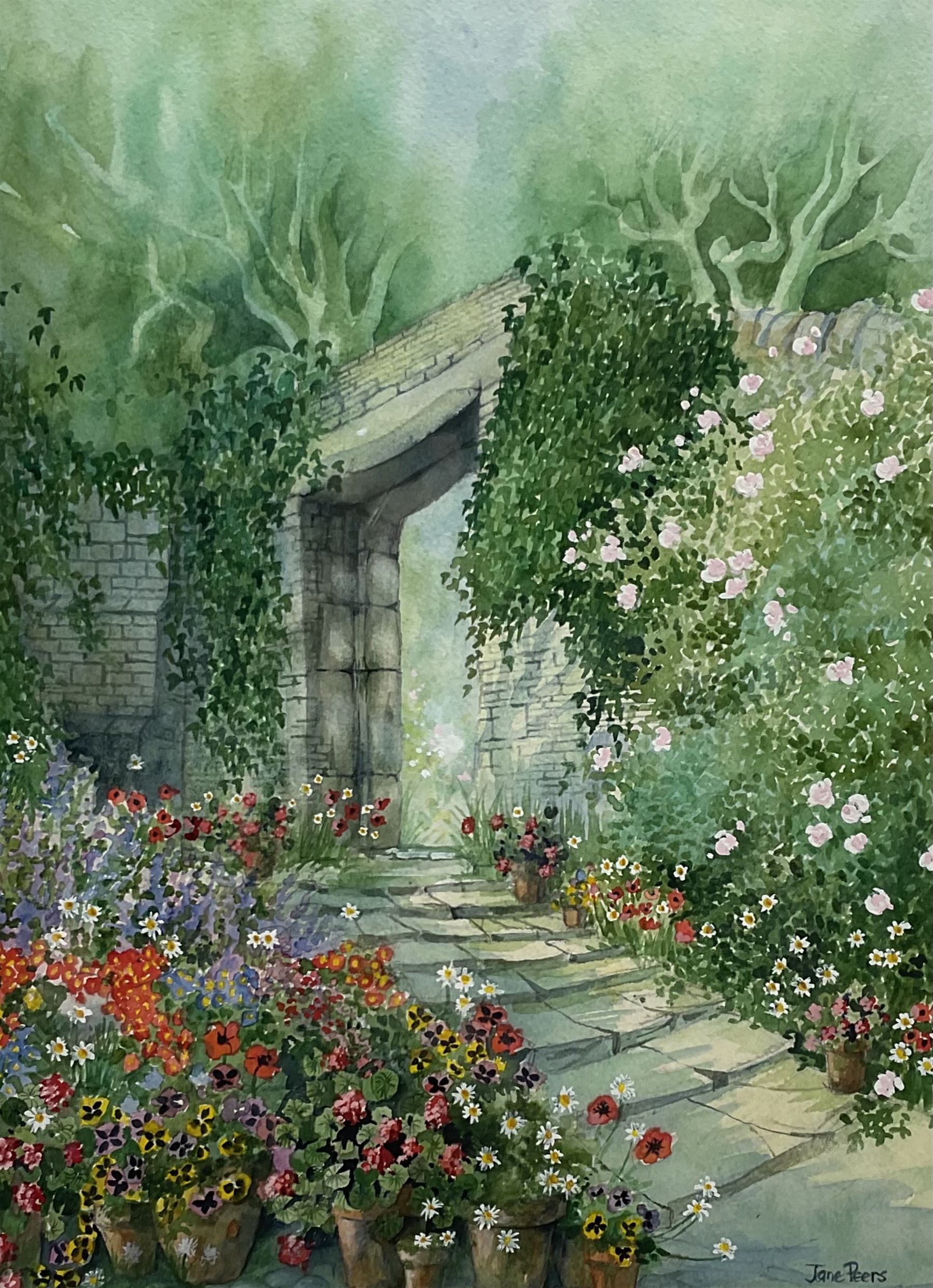 Jane Peers (Northern British contemporary): 'Stanhope Old Hall - Garden Entrance' and Garden Archway, two watercolours signed, latter dated 1994 max 42cm x 31cm (2)