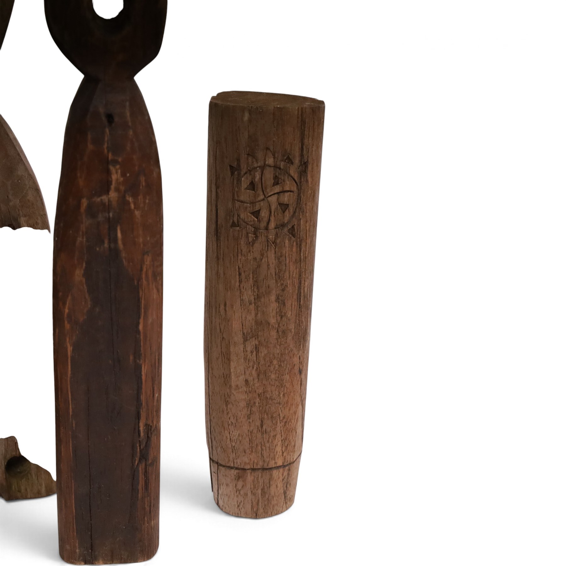 Hand carved folk art figures, including totems, mushroom and cat, largest H34cm