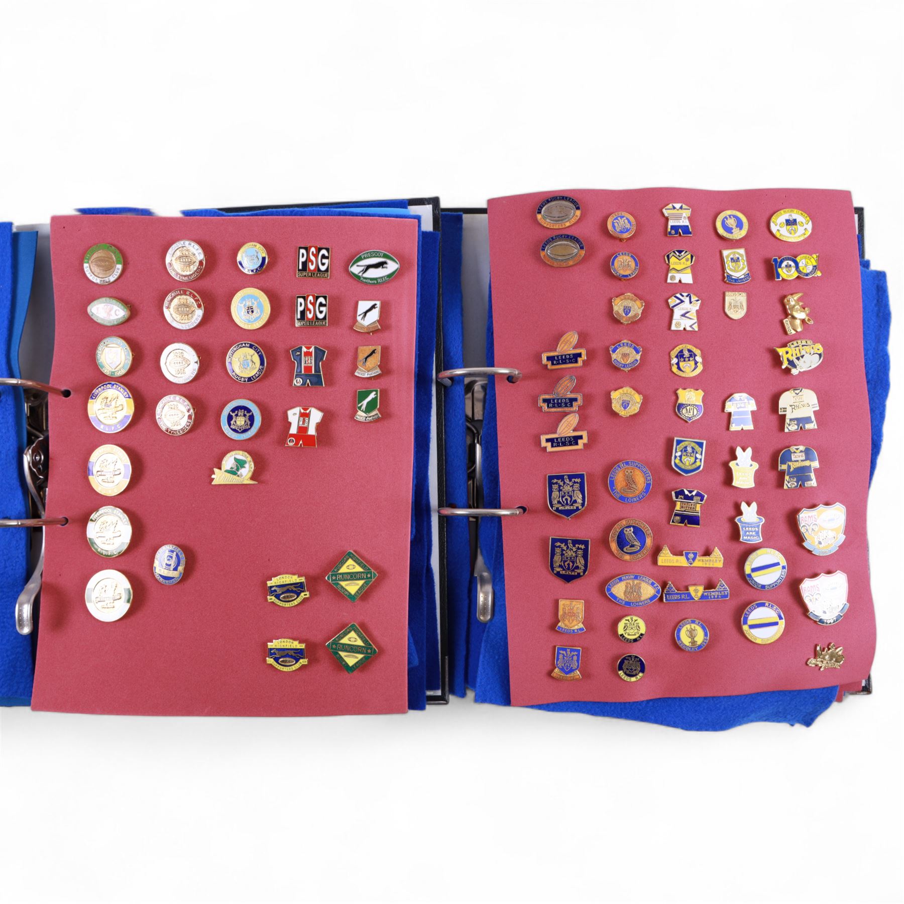 Rugby league enamel badge collection, from clubs including Leeds Rhinos, Lancashire Lynx, Leigh Centurions, London Broncos, Trafford Borough,Toulouse,  Belle Vue Rangers, Carlisle, Nottingham City Outlaws, housed in two folders, (approximately 280)