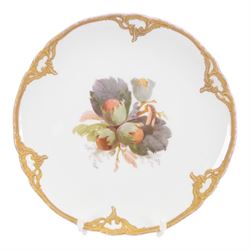 Three early 20th century Berlin KPM hand painted porcelain cabinet plates, each or circular form with tooled gilt detailed rim, and hand painted fruit still life to centre, with painted and printed marks beneath, D19cm