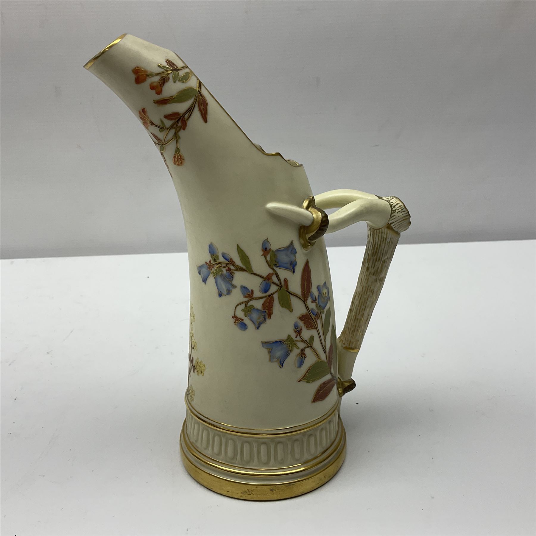 Royal Worcester tusk jug, blush ivory ground, with floral design, stamped 1116 to the base,, together with pair figures of a young boy and girl in the style on Kate Greenaway 