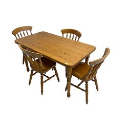 Traditional pine dining table, rectangular top over turned supports; and set four kitchen chairs, turned spindle back