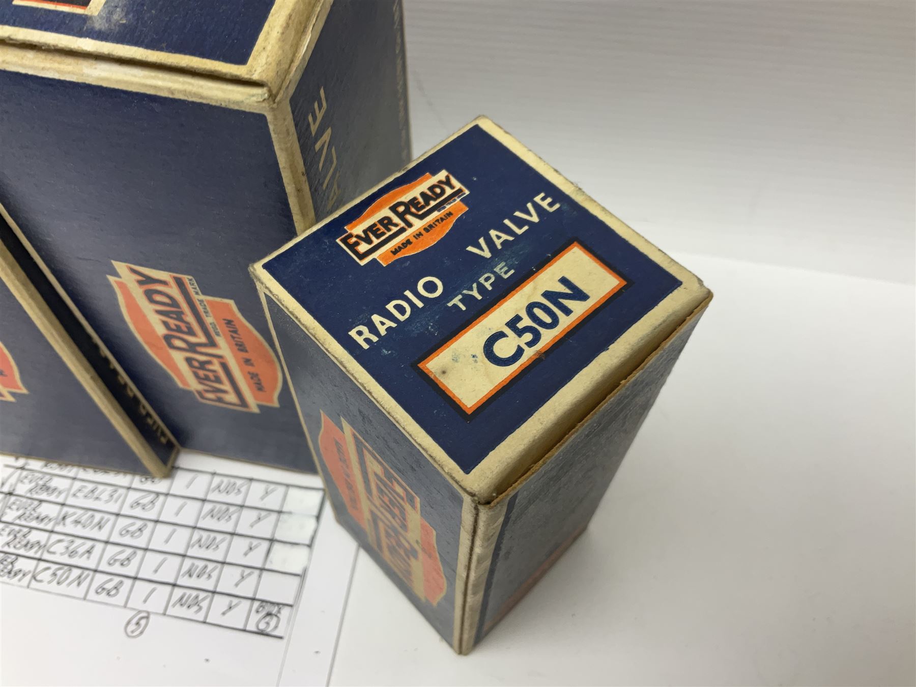 Five Ever Ready thermionic radio valves/vacuum tubes, comprising two EBL31, K40N, C36A, C50N, all in original boxes 