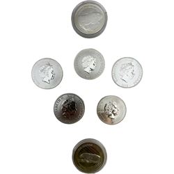 Five Queen Elizabeth II Niue one ounce fine silver two dollars coins dated 2016 'Turtle', 2017 'Panda', 2017 'Darth Vader', 2018 'Stormtrooper', 2019 'Clone trooper' and two Fiji one ounce fine silver one dollar coins dated 2015 'Iguana', 2016 'Iguana' (7)