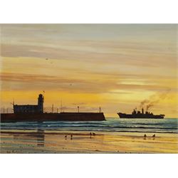 Don Micklethwaite (British 1936-): HMS Ark Royal at Scarborough 1988, oil on canvas 45cm x 60cm 
Provenance: commissioned by the vendor, later used as the original for a series of prints after the artist