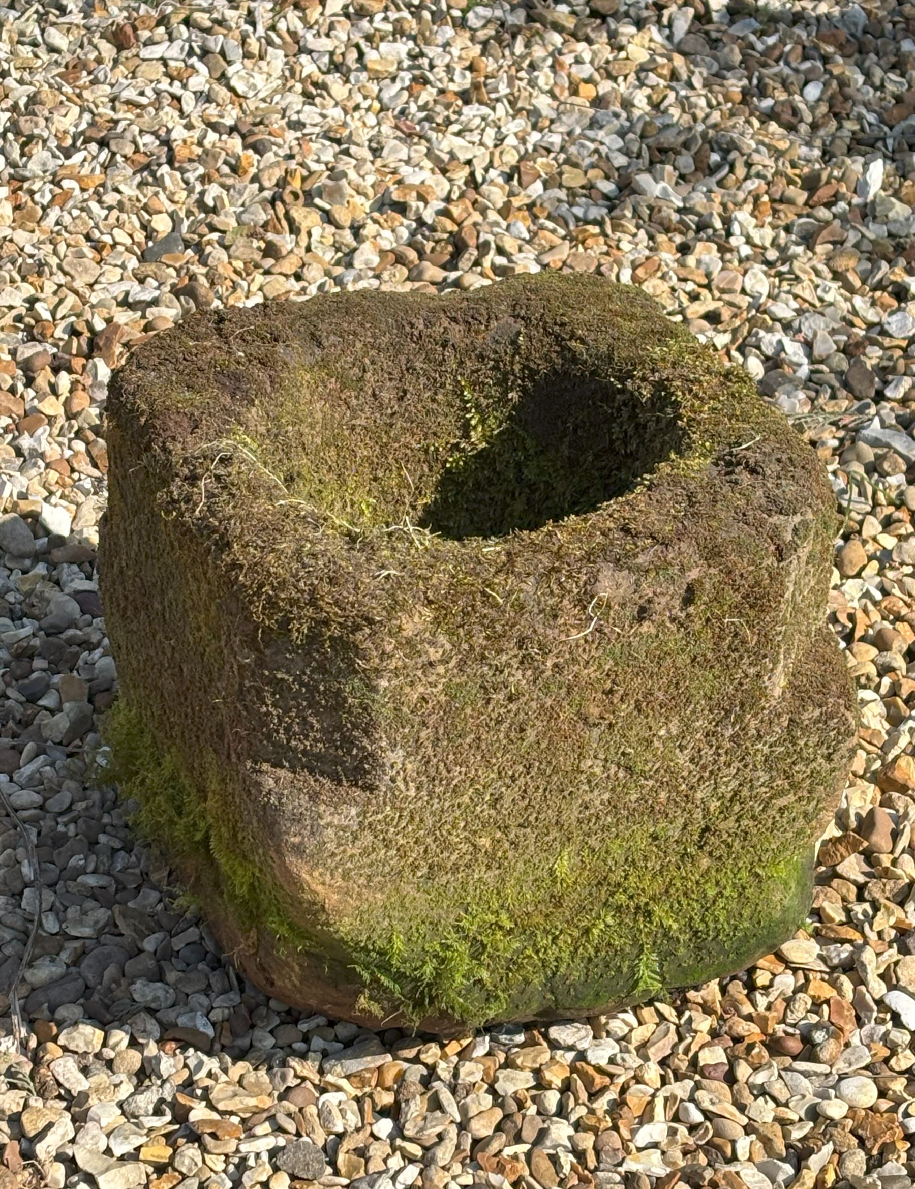 Weathered carved stone garden mortar, 17th / 18th century. H30cm, 35cm x 35cm  - COLLECTION BY APPOINTMENT FROM: The White House, Thirsk Road, Easingwold, York, YO61 3NF - CALL 01723 507111 TO ARRANGE